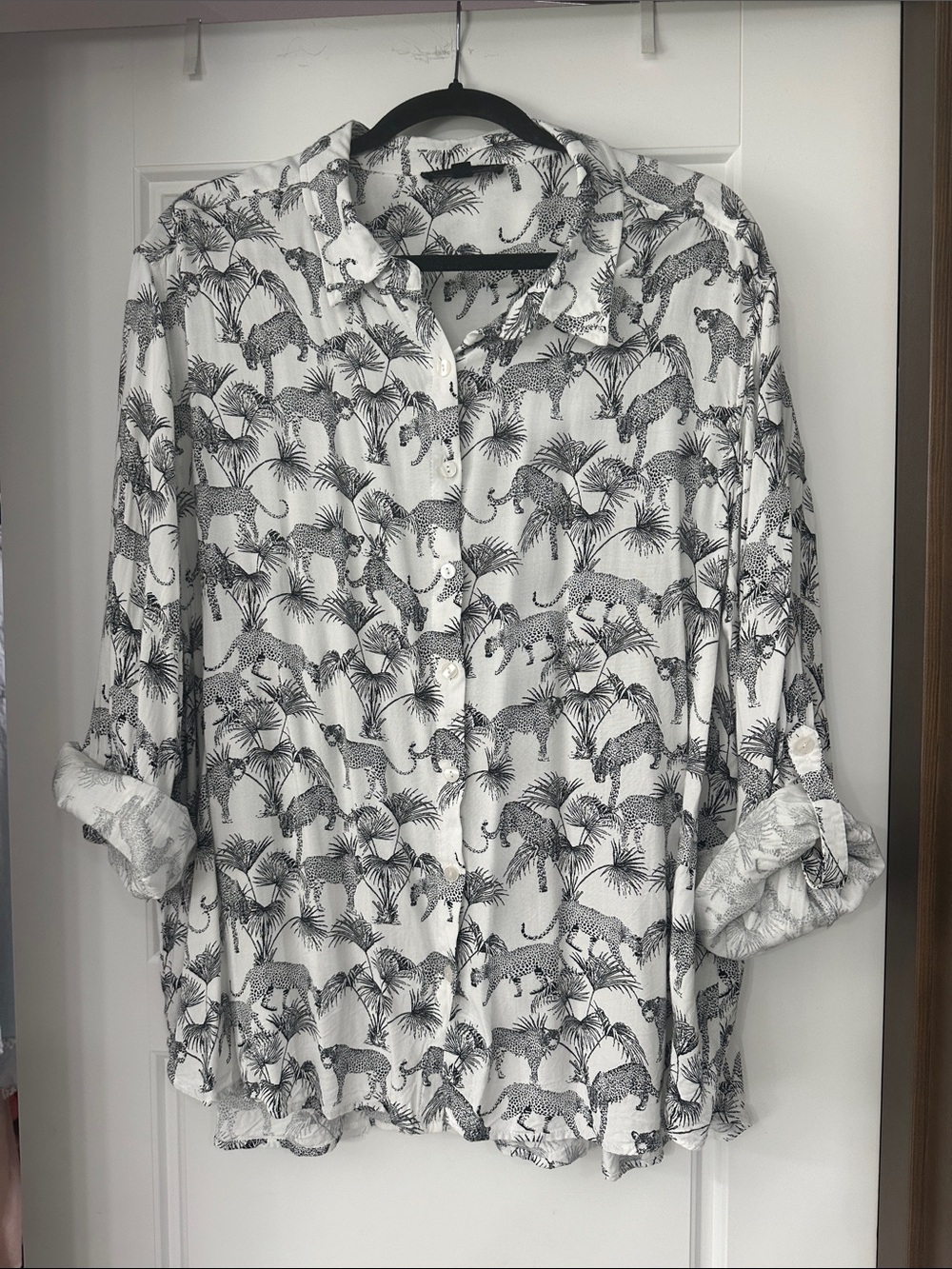 Jane and Delancey White and Black Leopard Print Button-Up Blouse